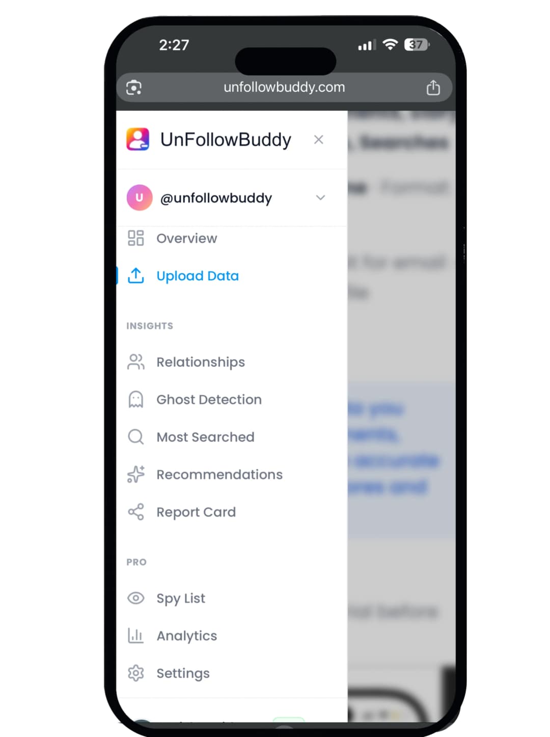 UnfollowBuddy Mobile App Interface tracking Instagram unfollowers
